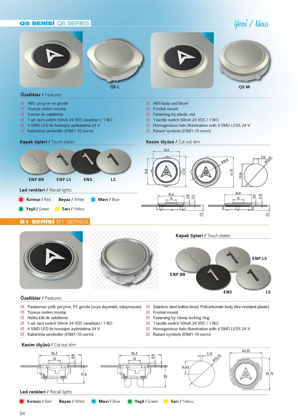 M ABS body and Bezel Frontal mount Fastening by plastic nut 1 tactile switch 50mA 24 VDC / 1 NO Homogenious halo illumination with 4 SMD LEDS 24 V Raised symbols (EN81-70 norm) Kesim ölçüsü / Cut out