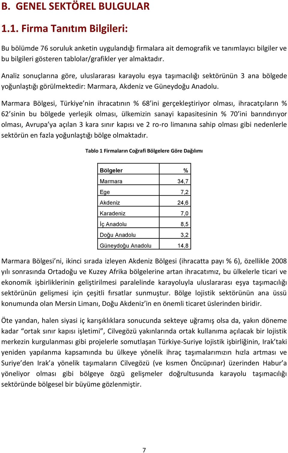 Analiz sonuçlarına göre, uluslararası karayolu eşya taşımacılığı sektörünün 3 ana bölgede yoğunlaştığı görülmektedir: Marmara, Akdeniz ve Güneydoğu Anadolu.