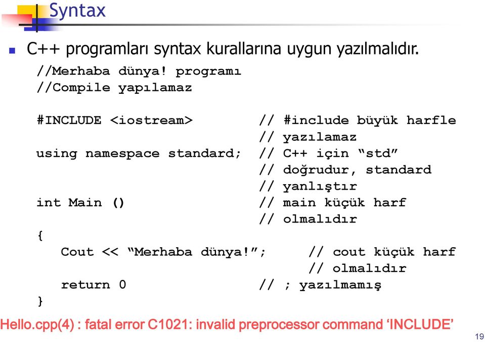 standard; // C++ için std // doğrudur, standard // yanlıştır int Main () // main küçük harf // olmalıdır { Cout