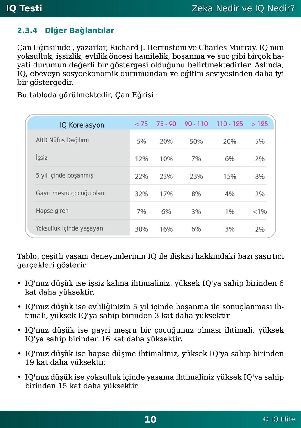 göstergesi olduğunu belirtmektedirler Aslında, IQ, ebeveyn sosyoekonomik durumundan ve eğitim seviyesinden daha iyi bir göstergedir Bu tabloda görülmektedir, Çan Eğrisi : Tablo, çeşitli yaşam