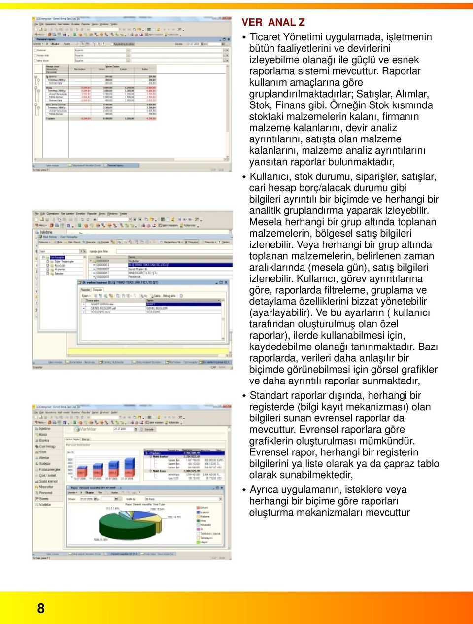 Örneğin Stok kısmında stoktaki malzemelerin kalanı, firmanın malzeme kalanlarını, devir analiz ayrıntılarını, satışta olan malzeme kalanlarını, malzeme analiz ayrıntılarını yansıtan raporlar