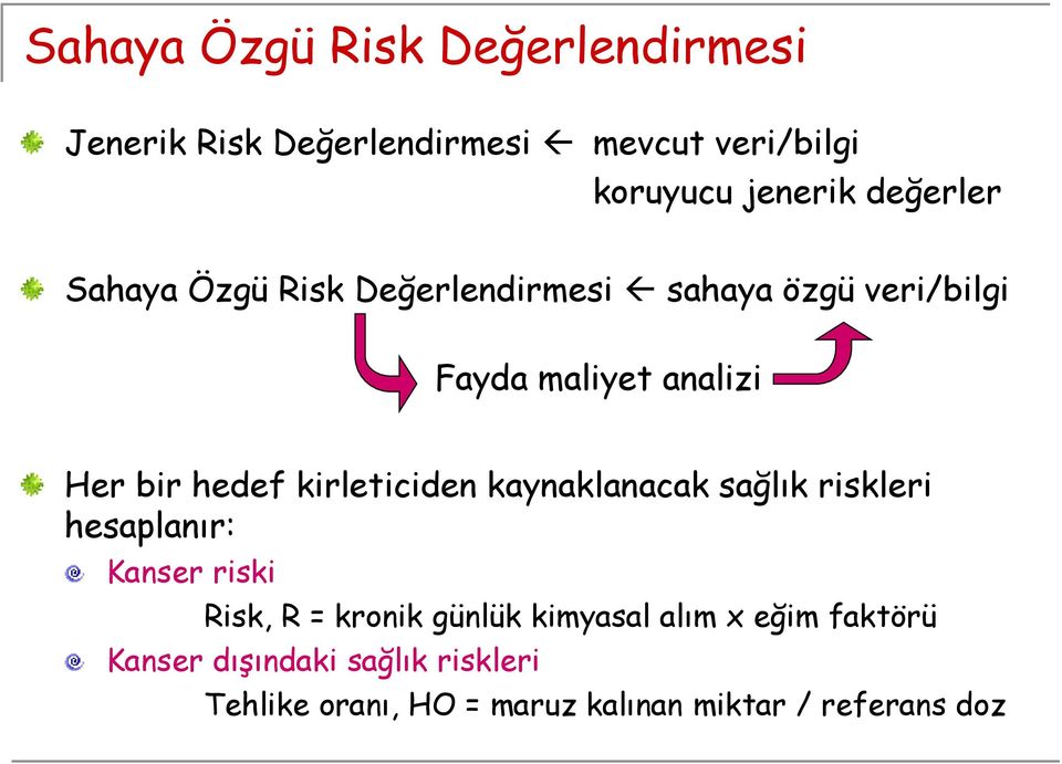 kirleticiden kaynaklanacak sağlık riskleri hesaplanır: Kanser riski Risk, R = kronik günlük kimyasal