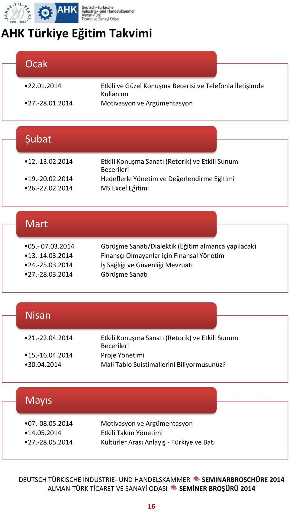 03.2014 27.-28.03.2014 Görüşme Sanatı/Dialektik (Eğitim almanca yapılacak) Finansçı Olmayanlar için Finansal Yönetim İş Sağlığı ve Güvenliği Mevzuatı Görüşme Sanatı Nisan 21.-22.04.2014 15.-16.04.2014 30.