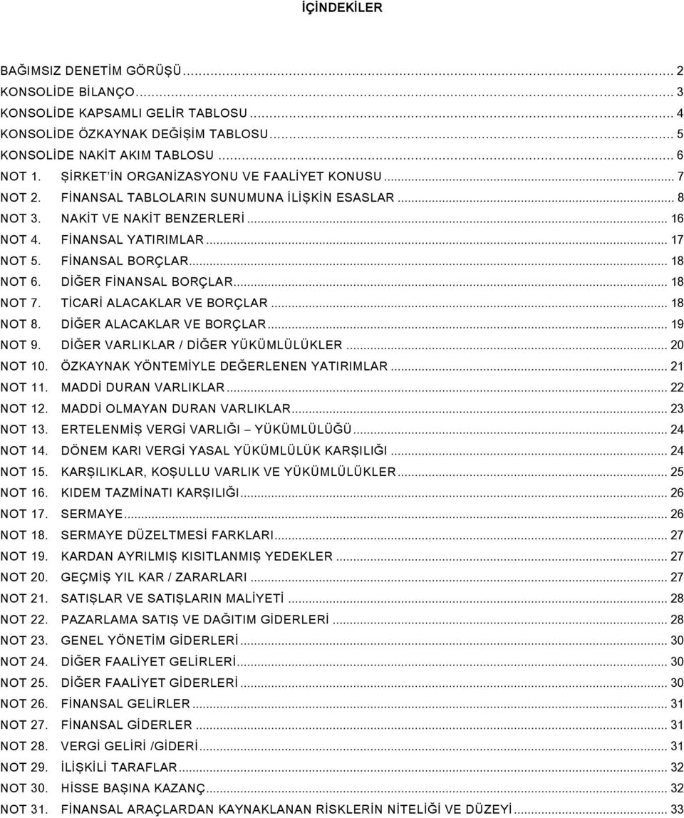 FİNANSAL BORÇLAR... 18 NOT 6. DİĞER FİNANSAL BORÇLAR... 18 NOT 7. TİCARİ ALACAKLAR VE BORÇLAR... 18 NOT 8. DİĞER ALACAKLAR VE BORÇLAR... 19 NOT 9. DİĞER VARLIKLAR / DİĞER YÜKÜMLÜLÜKLER... 20 NOT 10.