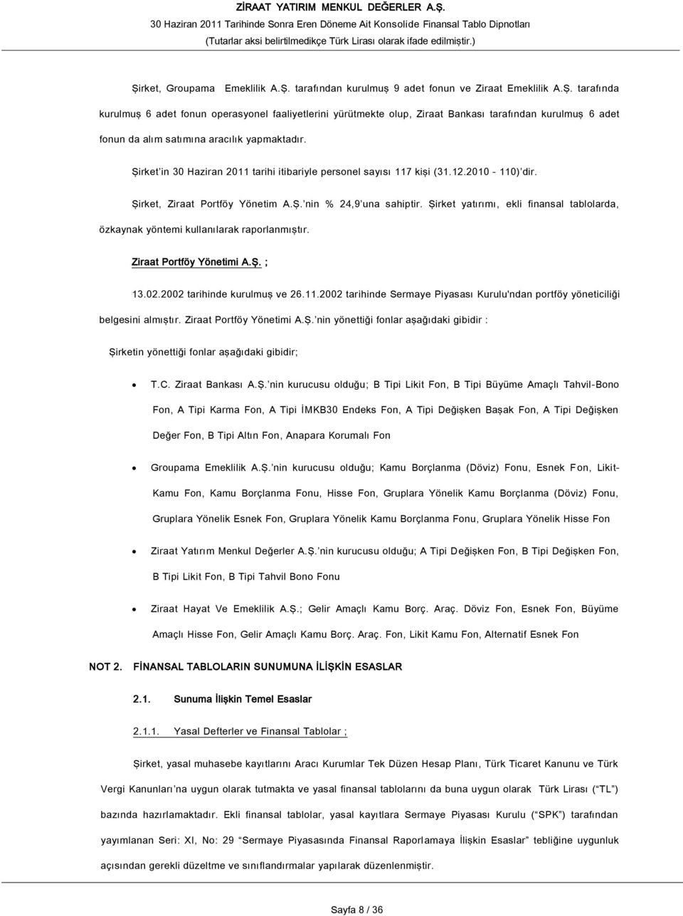 Şirket yatırımı, ekli finansal tablolarda, özkaynak yöntemi kullanılarak raporlanmıştır. Ziraat Portföy Yönetimi A.Ş. ; 13.02.2002 tarihinde kurulmuş ve 26.11.