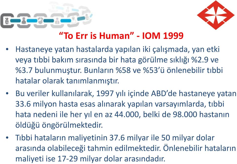 6 milyon hasta esas alınarak yapılan varsayımlarda, tıbbi hata nedeni ile her yıl en az 44.000, belki de 98.000 hastanın öldüğü öngörülmektedir.