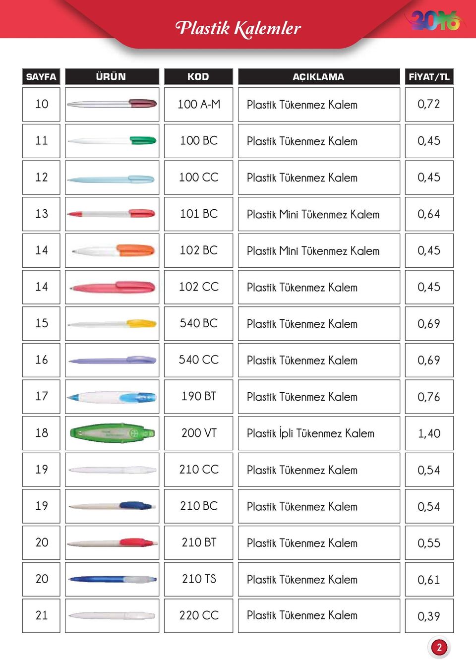 CC Plastik Tükenmez Kalem 0,69 17 190 BT Plastik Tükenmez Kalem 0,76 18 200 VT Plastik İpli Tükenmez Kalem 1,40 19 210 CC Plastik Tükenmez Kalem 0,54