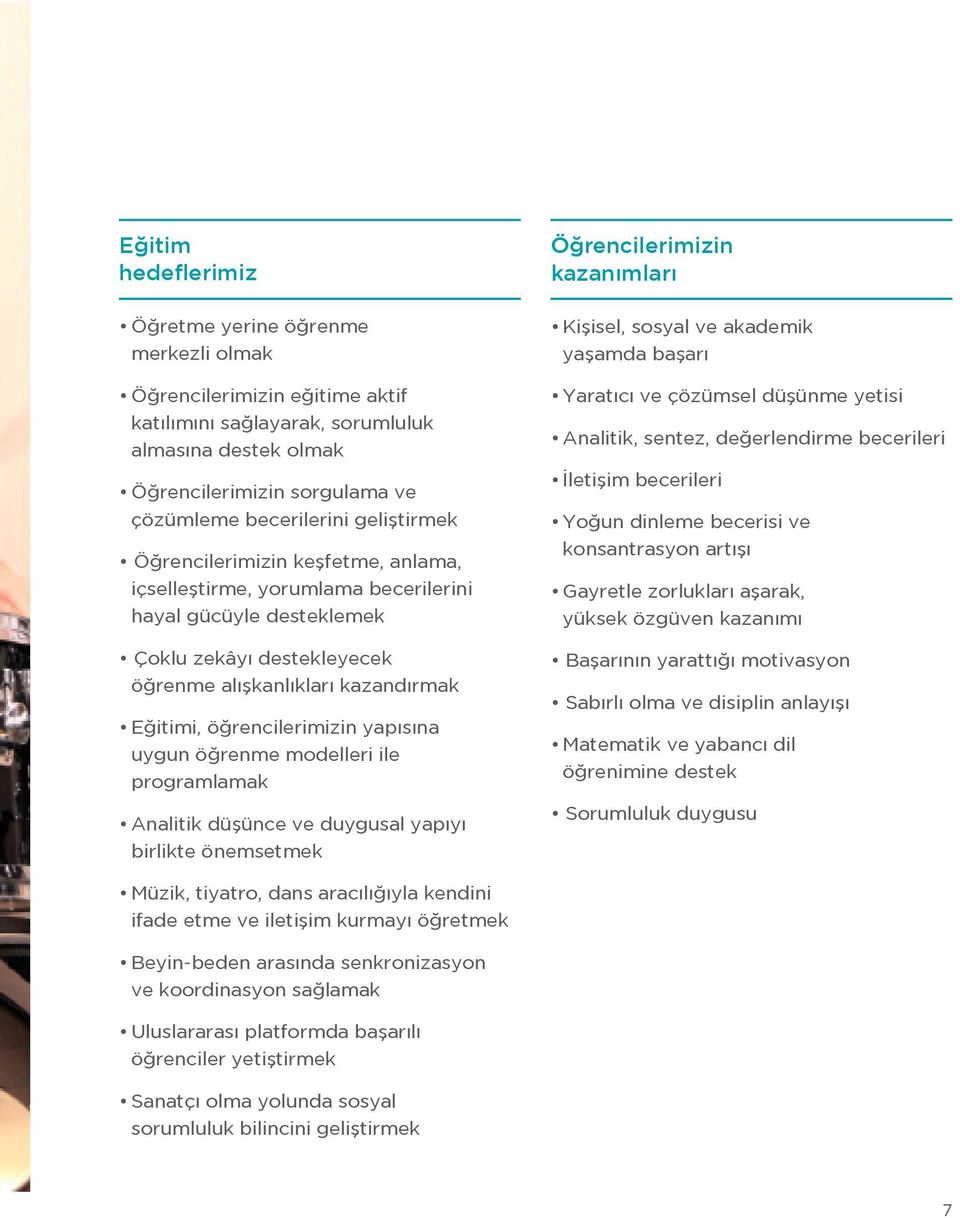 yapısına uygun öğrenme modelleri ile programlamak Analitik düşünce ve duygusal yapıyı birlikte önemsetmek Öğrencilerimizin kazanımları Kişisel, sosyal ve akademik yaşamda başarı Yaratıcı ve çözümsel