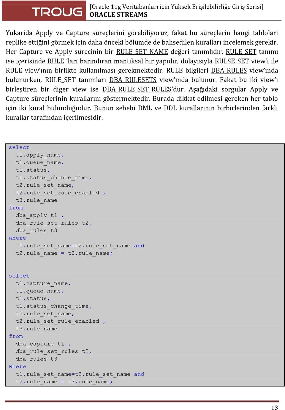 RULE_SET tanımı ise içerisinde RULE ları barındıran mantıksal bir yapıdır, dolayısıyla RULSE_SET view ı ile RULE view ının birlikte kullanılması gerekmektedir.