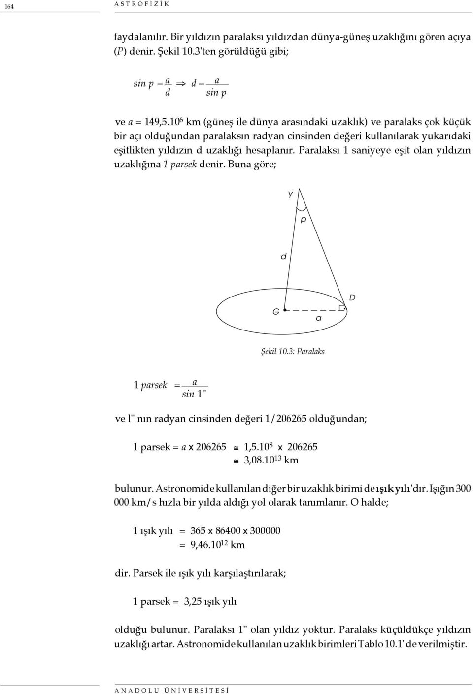 Paralaksı 1 saniyeye eşit olan yıldızın uzaklığına 1 parsek denir. Buna göre; Y p d D G a Şekil 10.