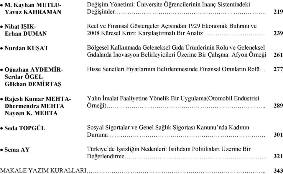 219 Reel ve Finansal Göstergeler Açısından 1929 Ekonomik Buhranı ve 2008 Küresel Krizi: Karşılaştırmalı Bir Analiz 239 Bölgesel Kalkınmada Geleneksel Gıda Ürünlerinin Rolü ve Geleneksel Gıdalarda