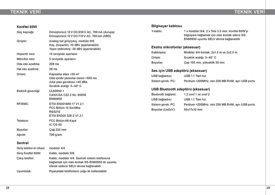 Ortam: Kapsama alanı <30 m 2 Elektrik güvenliği: RF/EMC: Telekom: Boyutlar: Ağırlık: Oda içinde yansıma süresi <500 ms Arka plan gürültüsü <45 dba Sıcaklık aralığı: 5 40 C UL60950-1 CAN/CSA C22.2 No.