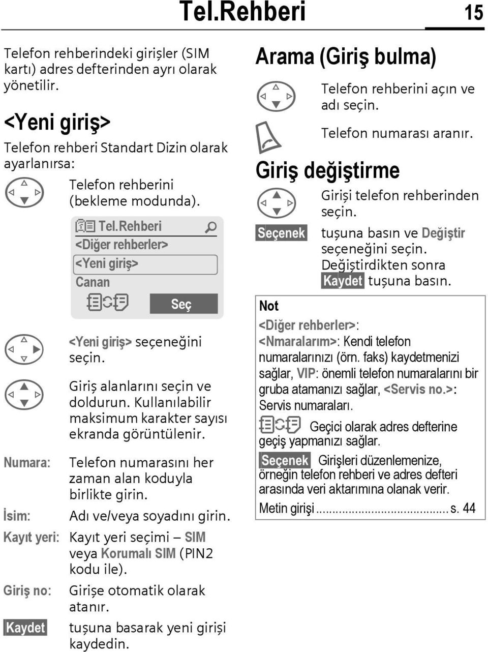 Kayıt yeri: Kayıt yeri seçimi SIM veya Korumalı SIM (PIN2 kodu ile). Giriş no: Girişe otomatik olarak atanır. Kaydet tuşuna basarak yeni girişi kaydedin. Tel.