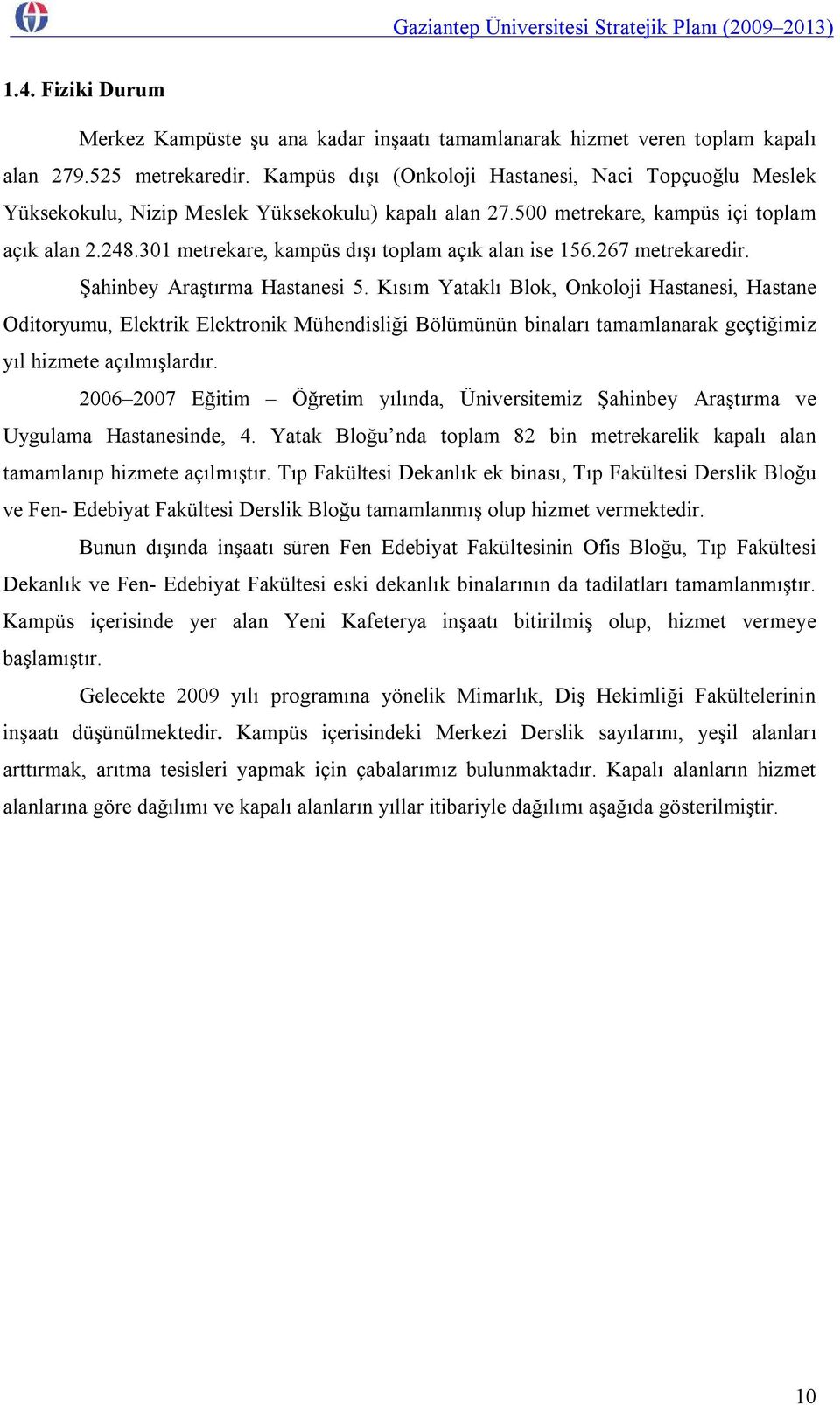 301 metrekare, kampüs dışı toplam açık alan ise 156.267 metrekaredir. Şahinbey Araştırma Hastanesi 5.