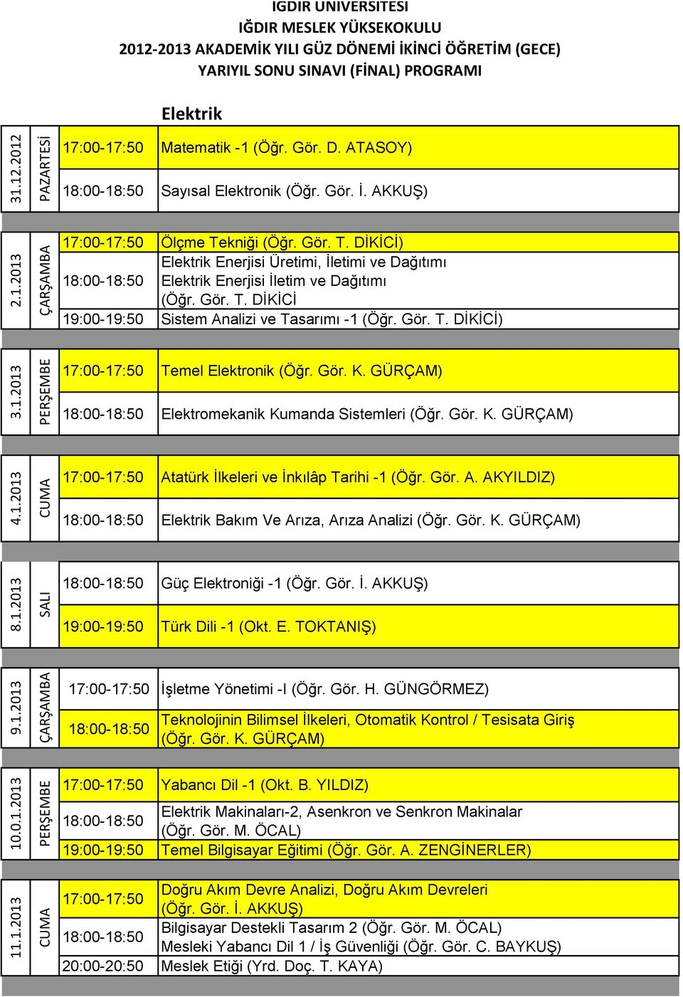 Gör. A. AKYILDIZ) Elektrik Bakım Ve Arıza, Arıza Analizi (Öğr. Gör. K. GÜRÇAM) Güç Elektroniği -1 (Öğr. Gör. İ. AKKUŞ) 19:00-19:50 Türk Dili -1 (Okt. E. TOKTANIŞ) İşletme Yönetimi -I (Öğr. Gör. H.