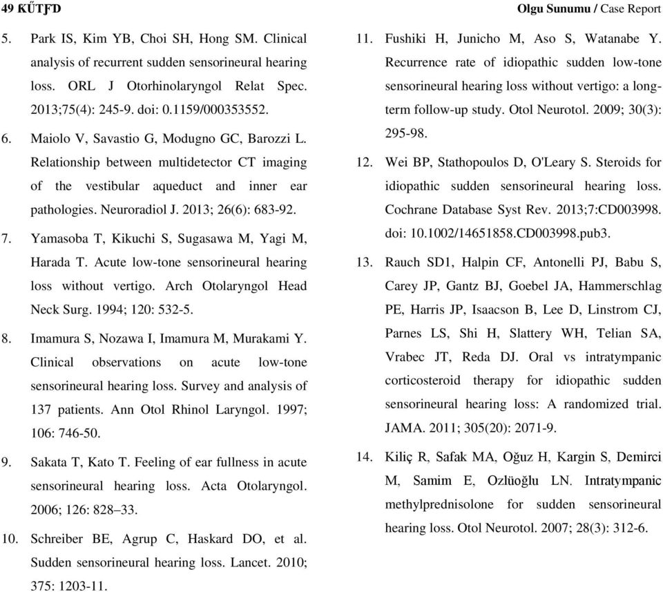 7. Yamasoba T, Kikuchi S, Sugasawa M, Yagi M, Harada T. Acute low-tone sensorineural hearing loss without vertigo. Arch Otolaryngol Head Neck Surg. 1994; 120: 532-5. 8.