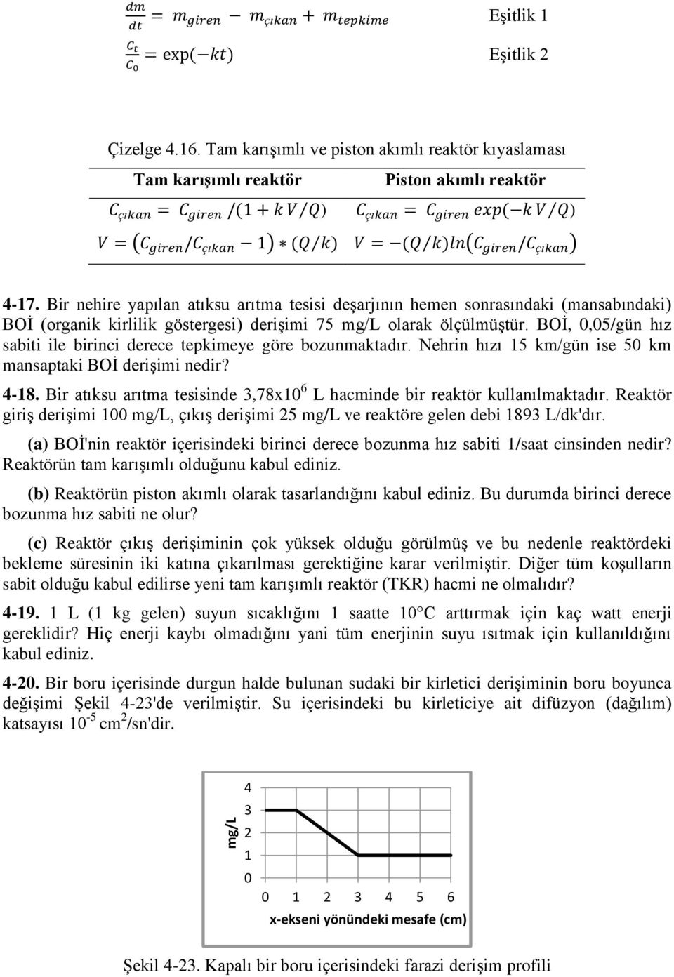 BOİ, 0,05/gün hız sabiti ile birinci derece tepkimeye göre bozunmaktadır. Nehrin hızı 15 km/gün ise 50 km mansaptaki BOİ derişimi nedir? 4-18.