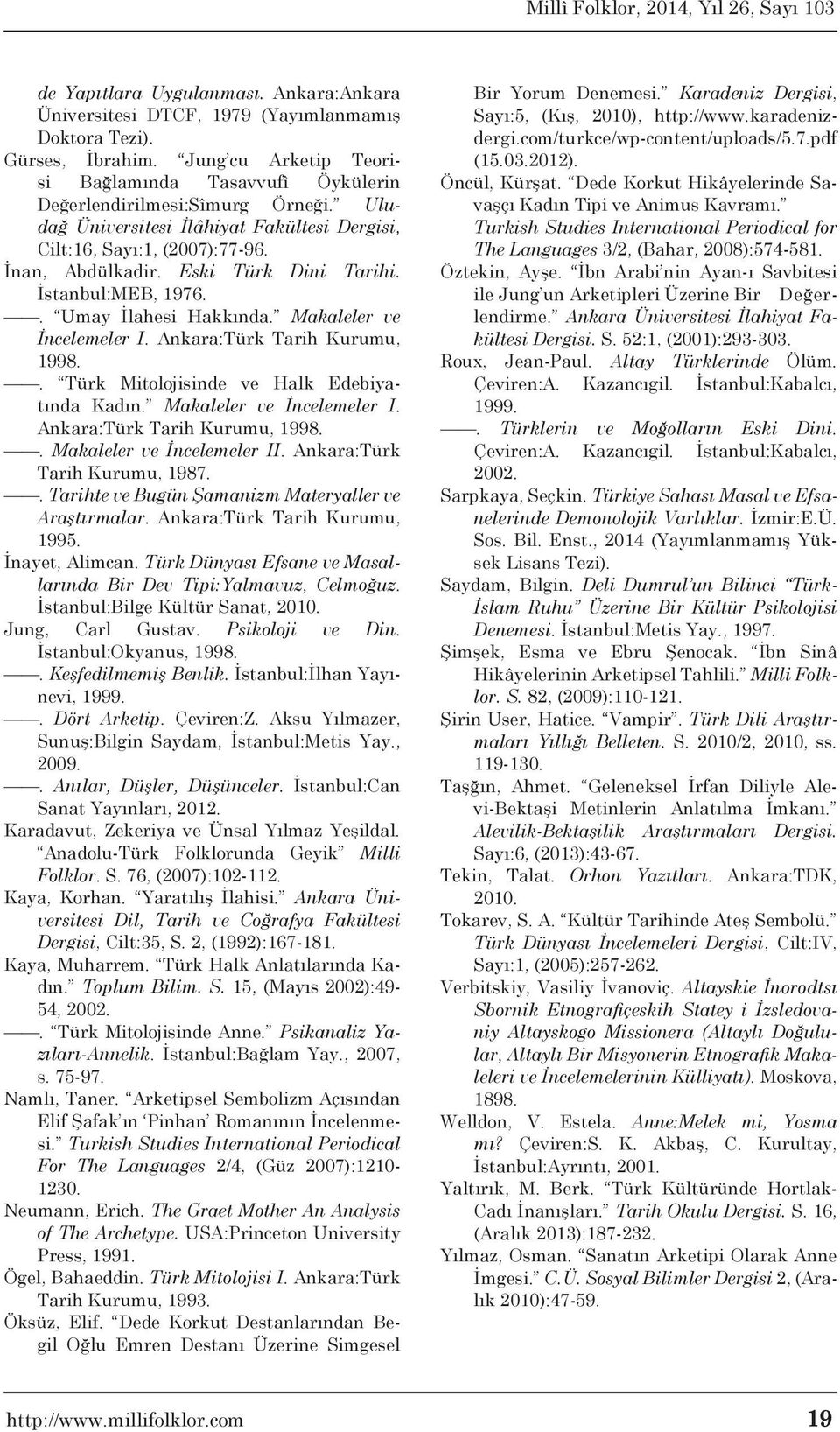 Ankara:Türk Tarih Kurumu, 1998.. Türk Mitolojisinde ve Halk Edebiyatında Kadın. Makaleler ve İncelemeler I. Ankara:Türk Tarih Kurumu, 1998.. Makaleler ve İncelemeler II.