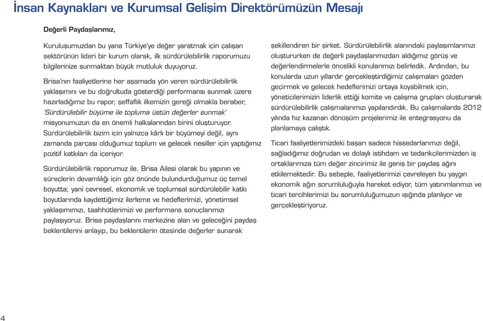 Brisa nın faaliyetlerine her aşamada yön veren sürdürülebilirlik yaklaşımını ve bu doğrultuda gösterdiği performansı sunmak üzere hazırladığımız bu rapor, şeffaflık ilkemizin gereği olmakla beraber,