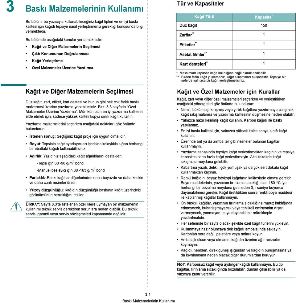 Seçilmesi Düz kağıt, zarf, etiket, kart destesi ve bunun gibi pek çok farklı baskı malzemesi üzerine yazdırma yapabilirsiniz. Bkz. 3.3 sayfada Özel Malzemeler Üzerine Yazdırma.