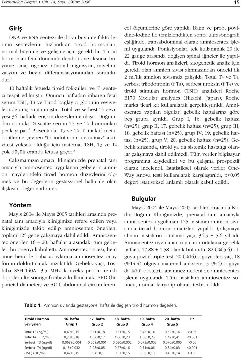 1 10 haftal k fetusda tiroid folikülleri ve T4 sentezi tespit edilmifltir. Onuncu haftadan itibaren fetal serum TSH, T4 ve Tirod ba lay c globulin seviyelerinde art fl saptanm flt r.