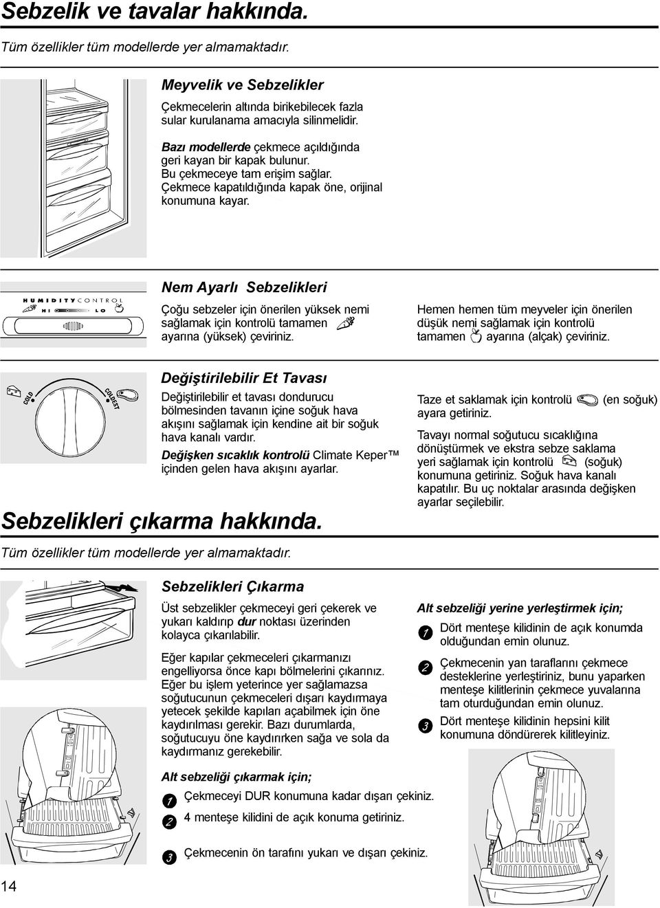 Nem Ayarlı Sebzelikleri Çoğu sebzeler için önerilen yüksek nemi sağlamak için kontrolü tamamen ayarına(yüksek) çeviriniz.