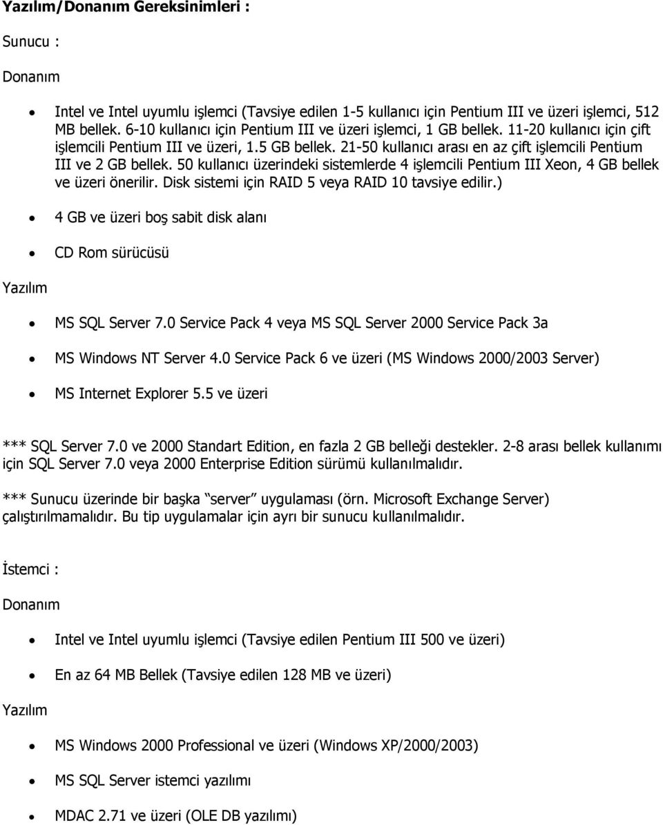 21-50 kullanıcı arası en az çift işlemcili Pentium III ve 2 GB bellek. 50 kullanıcı üzerindeki sistemlerde 4 işlemcili Pentium III Xeon, 4 GB bellek ve üzeri önerilir.