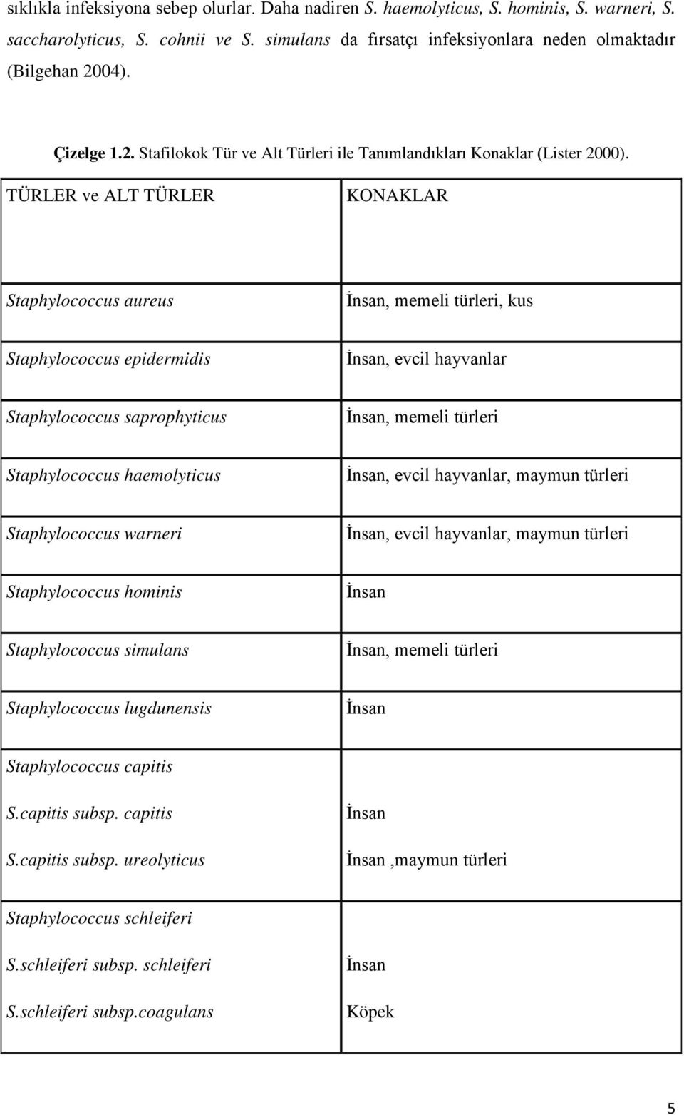 TÜRLER ve ALT TÜRLER KONAKLAR Staphylococcus aureus İnsan, memeli türleri, kus Staphylococcus epidermidis İnsan, evcil hayvanlar Staphylococcus saprophyticus İnsan, memeli türleri Staphylococcus