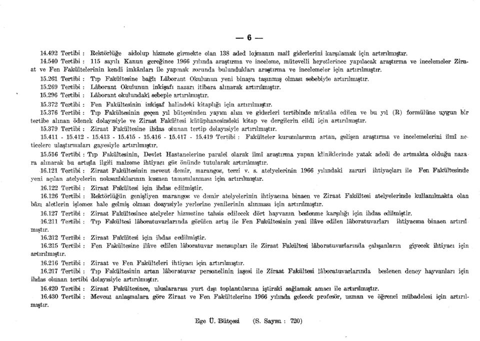 Tertibi : Tıp Fakültesine bağlı Labrant Okulumun yeni binaya taşınmış lması sebebiyle artırı.9 Tertibi : Labrant Okulunun inkişafı nazarı itibara alınarak artırılmıştır.