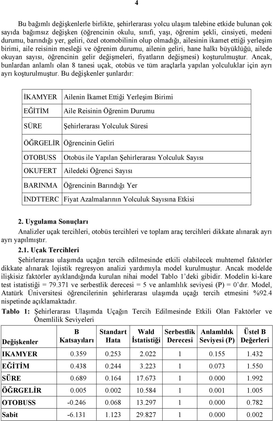 öğrencinin gelir değişmeleri, fiyatların değişmesi) koşturulmuştur. Ancak, bunlardan anlamlı olan 8 tanesi uçak, otobüs ve tüm araçlarla yapılan yolculuklar için ayrı ayrı koşturulmuştur.