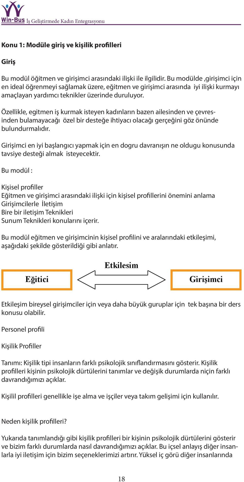 Özellikle, egitmen iş kurmak isteyen kadınların bazen ailesinden ve çevresinden bulamayacağı özel bir desteğe ihtiyacı olacağı gerçeğini göz önünde bulundurmalıdır.