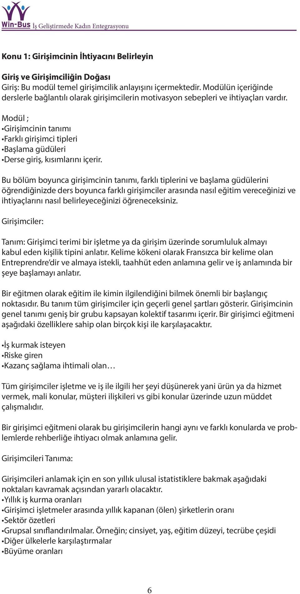 Modül ; Girişimcinin tanımı Farklı girişimci tipleri Başlama güdüleri Derse giriş, kısımlarını içerir.