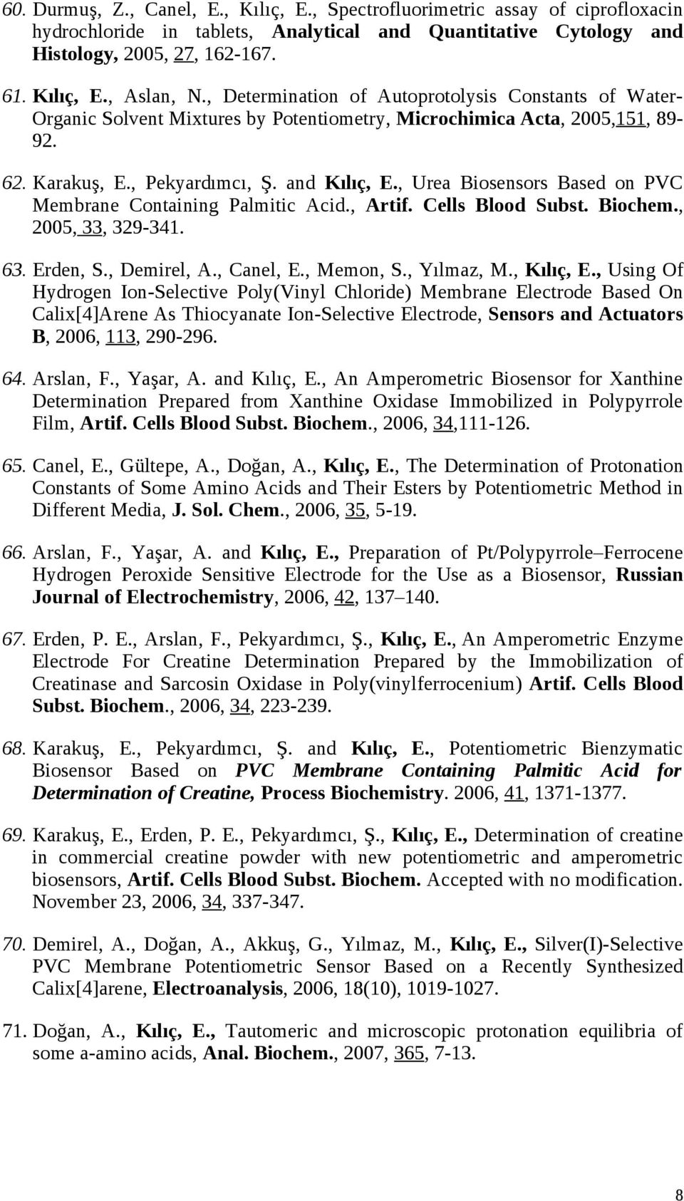 , Urea Biosensors Based on PVC Membrane Containing Palmitic Acid., Artif. Cells Blood Subst. Biochem., 2005, 33, 329-341. 63. Erden, S., Demirel, A., Canel, E., Memon, S., Yılmaz, M., Kılıç, E.