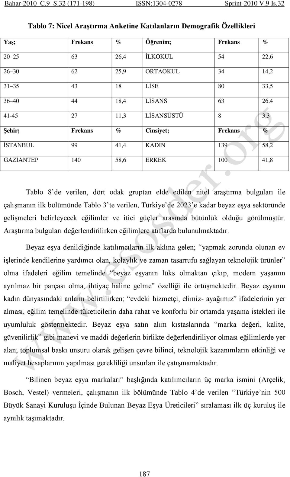 4 41-45 27 11,3 LİSANSÜSTÜ 8 3,3 ġehir; Frekans % Cinsiyet; Frekans % İSTANBUL 99 41,4 KADIN 139 58,2 GAZİANTEP 140 58,6 ERKEK 100 41,8 Tablo 8 de verilen, dört odak gruptan elde edilen nitel