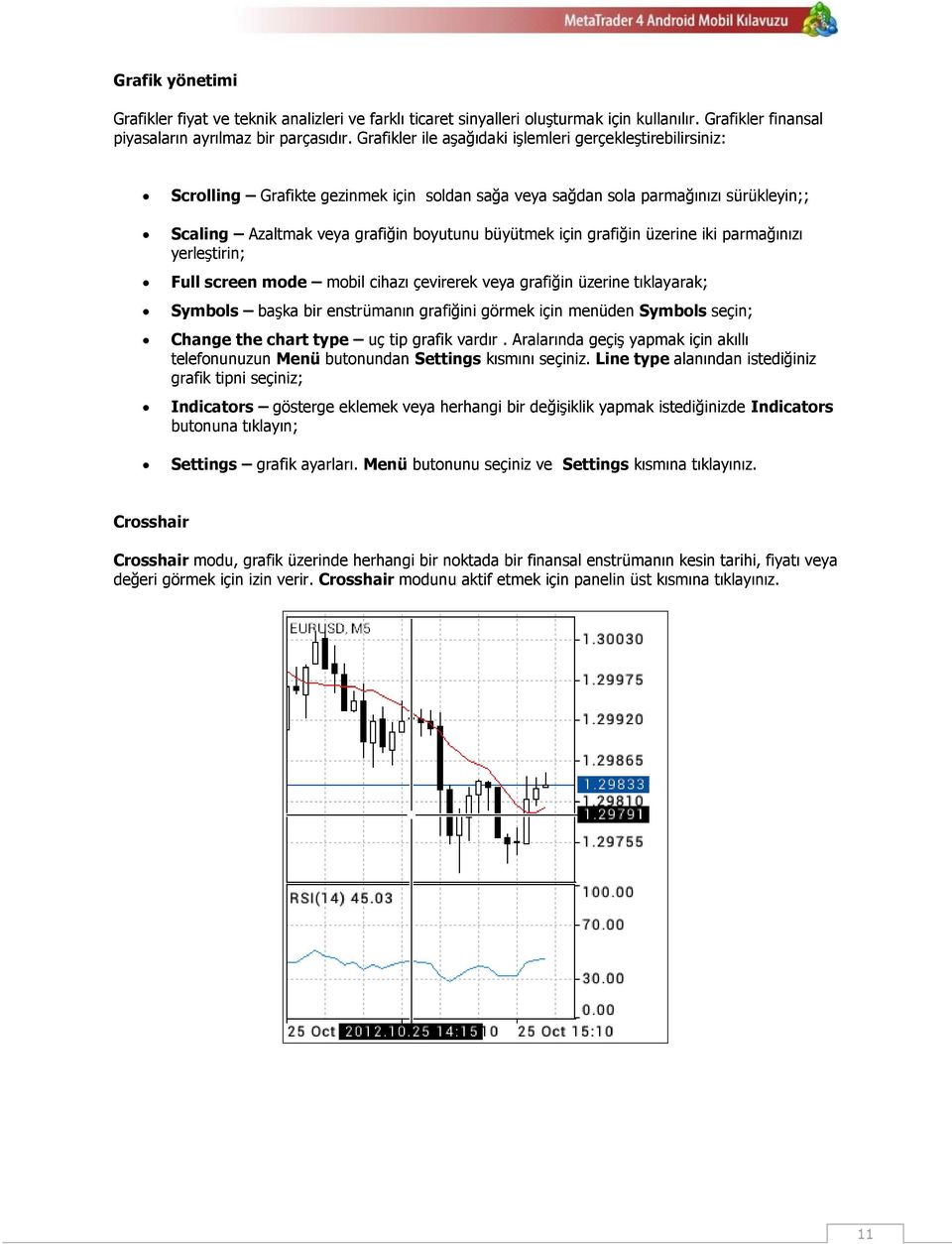 grafiğin üzerine iki parmağınızı yerleştirin; Full screen mode mobil cihazı çevirerek veya grafiğin üzerine tıklayarak; Symbols başka bir enstrümanın grafiğini görmek için menüden Symbols seçin;