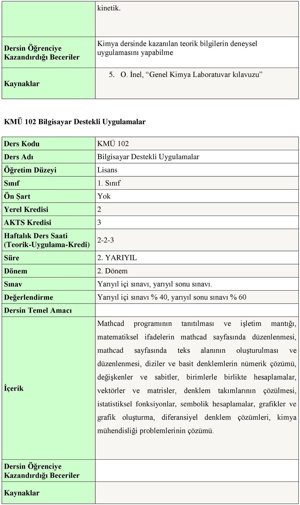 Mathcad programının tanıtılması ve işletim mantığı, matematiksel ifadelerin mathcad sayfasında düzenlenmesi, mathcad sayfasında teks alanının oluşturulması ve düzenlenmesi, diziler ve