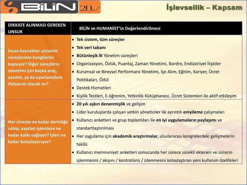 BİLİN ve Tek sistem, tüm süreçler Tek veri tabanı Bütünleşik İK Yönetim süreçleri Organizasyon, Özlük, Puantaj, Zaman Yönetimi, Bordro, Endüstriyel İlişkiler Kurumsal ve Bireysel Performans Yönetimi,