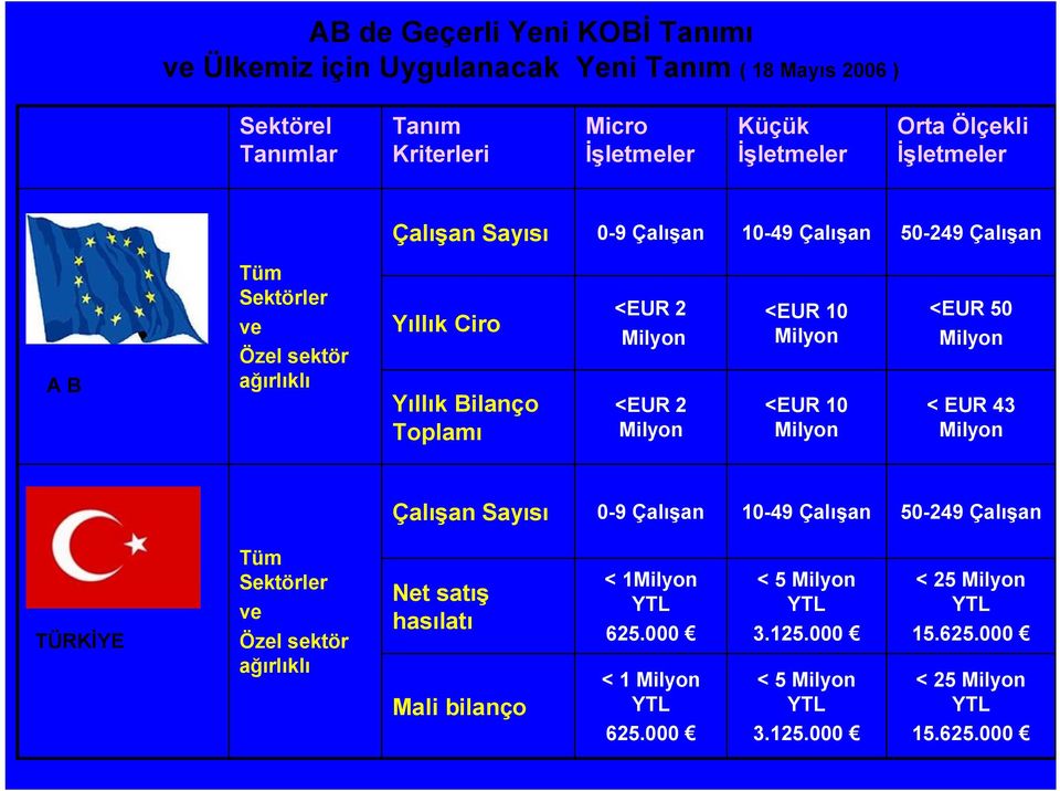 Milyon <EUR 10 Milyon <EUR 10 Milyon <EUR 50 Milyon < EUR 43 Milyon Çalışan Sayısı 0-9 Çalışan 10-49 Çalışan 50-249 Çalışan TÜRKİYE Tüm Sektörler ve Özel sektör ağırlıklı