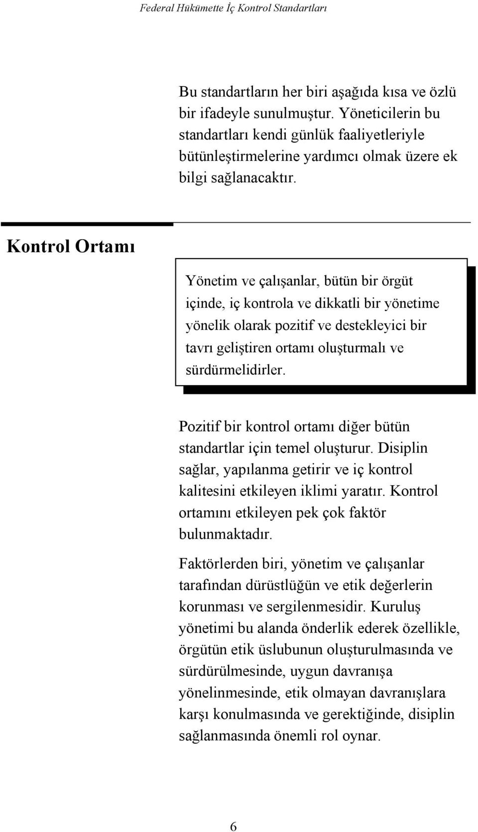 Pozitif bir kontrol ortamı dier bütün standartlar için temel oluturur. Disiplin salar, yapılanma getirir ve iç kontrol kalitesini etkileyen iklimi yaratır.