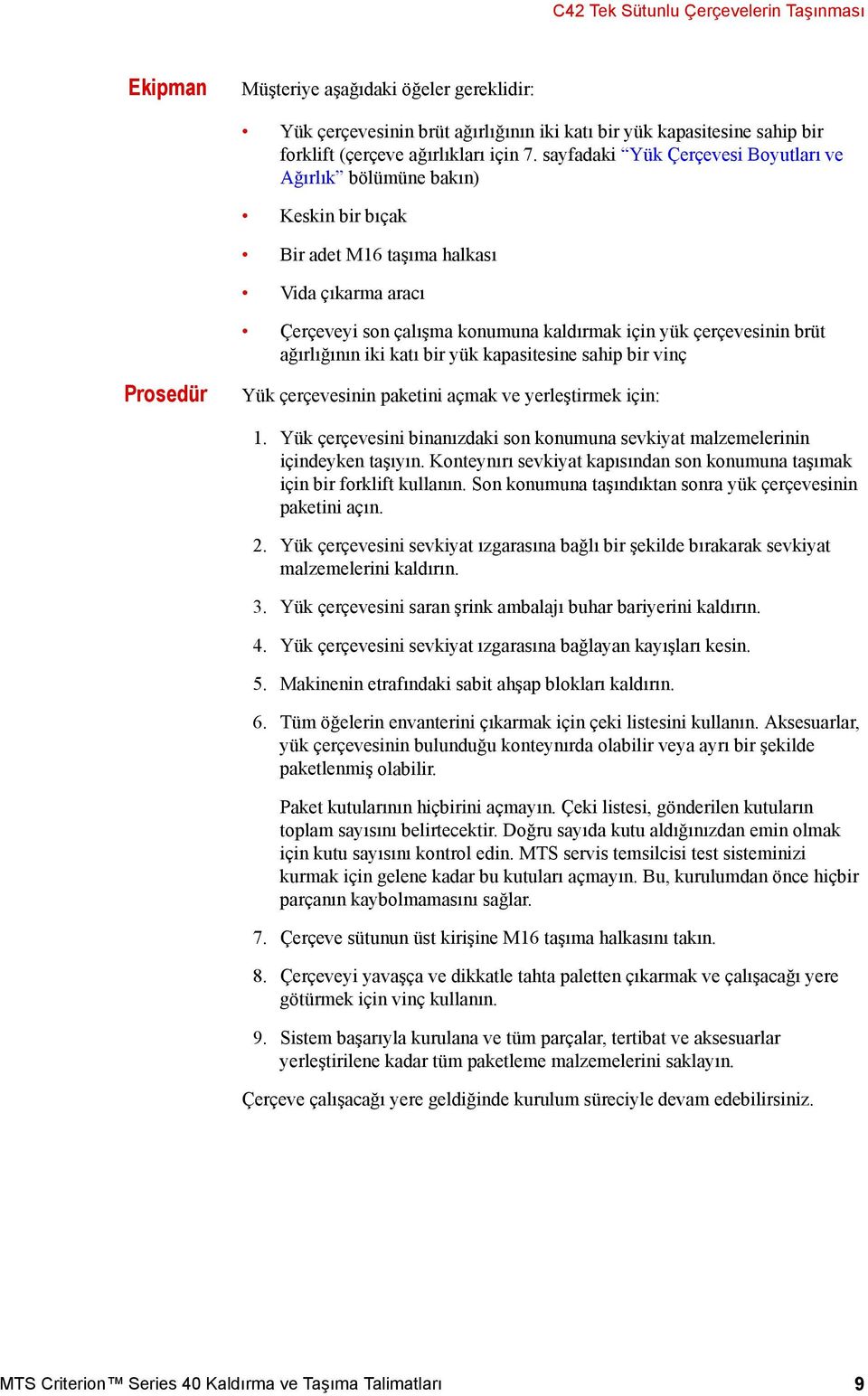 ağırlığının iki katı bir yük kapasitesine sahip bir vinç Prosedür Yük çerçevesinin paketini açmak ve yerleştirmek için: 1.