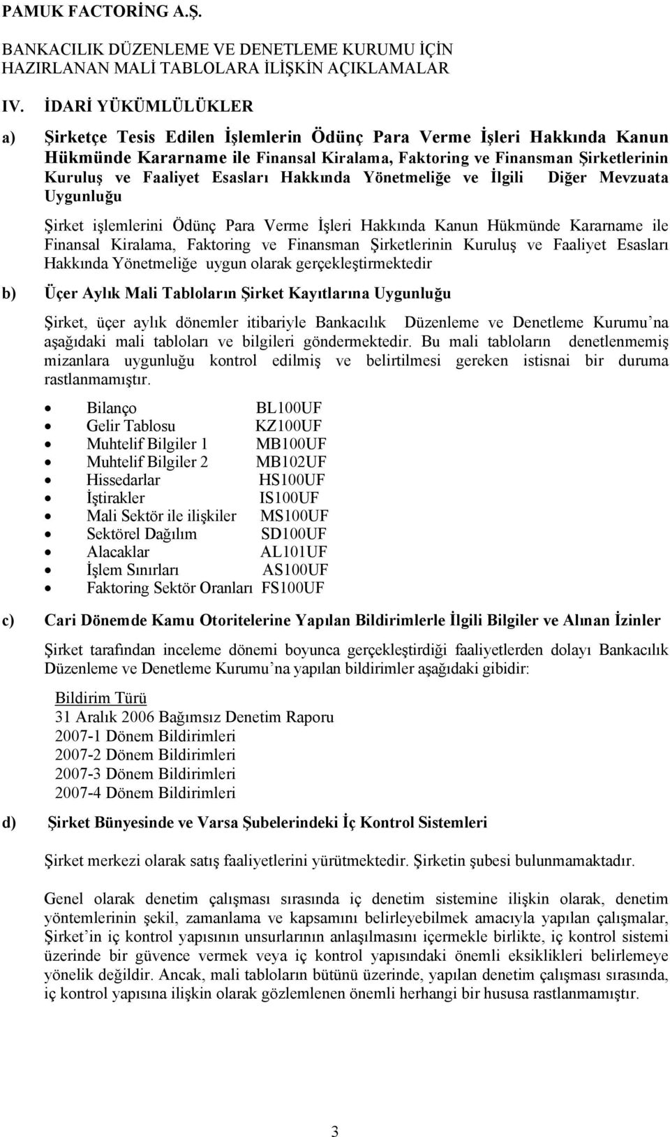 Esasları Hakkında Yönetmeliğe ve İlgili Diğer Mevzuata Uygunluğu Şirket işlemlerini Ödünç Para Verme İşleri Hakkında Kanun Hükmünde Kararname ile Finansal Kiralama, Faktoring ve Finansman