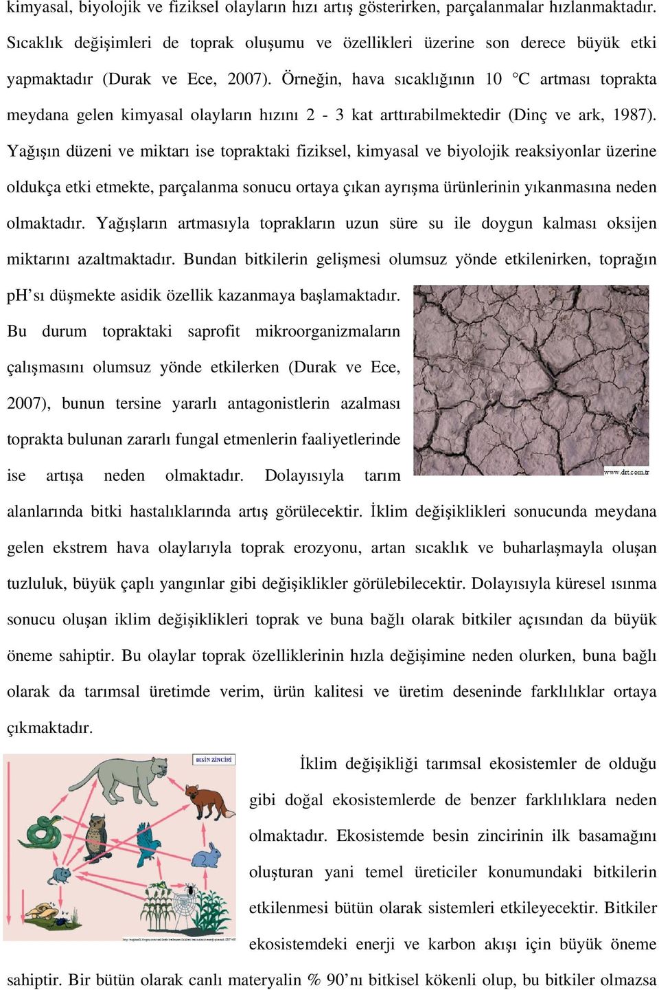 Örneğin, hava sıcaklığının 10 C artması toprakta meydana gelen kimyasal olayların hızını 2-3 kat arttırabilmektedir (Dinç ve ark, 1987).