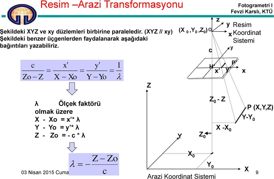 (X,Y, ) O c z y Resim x Koordinat Sistemi y c o X x' Xo Y y' Yo 1 H x y P x λ Ölçek faktörü olmak