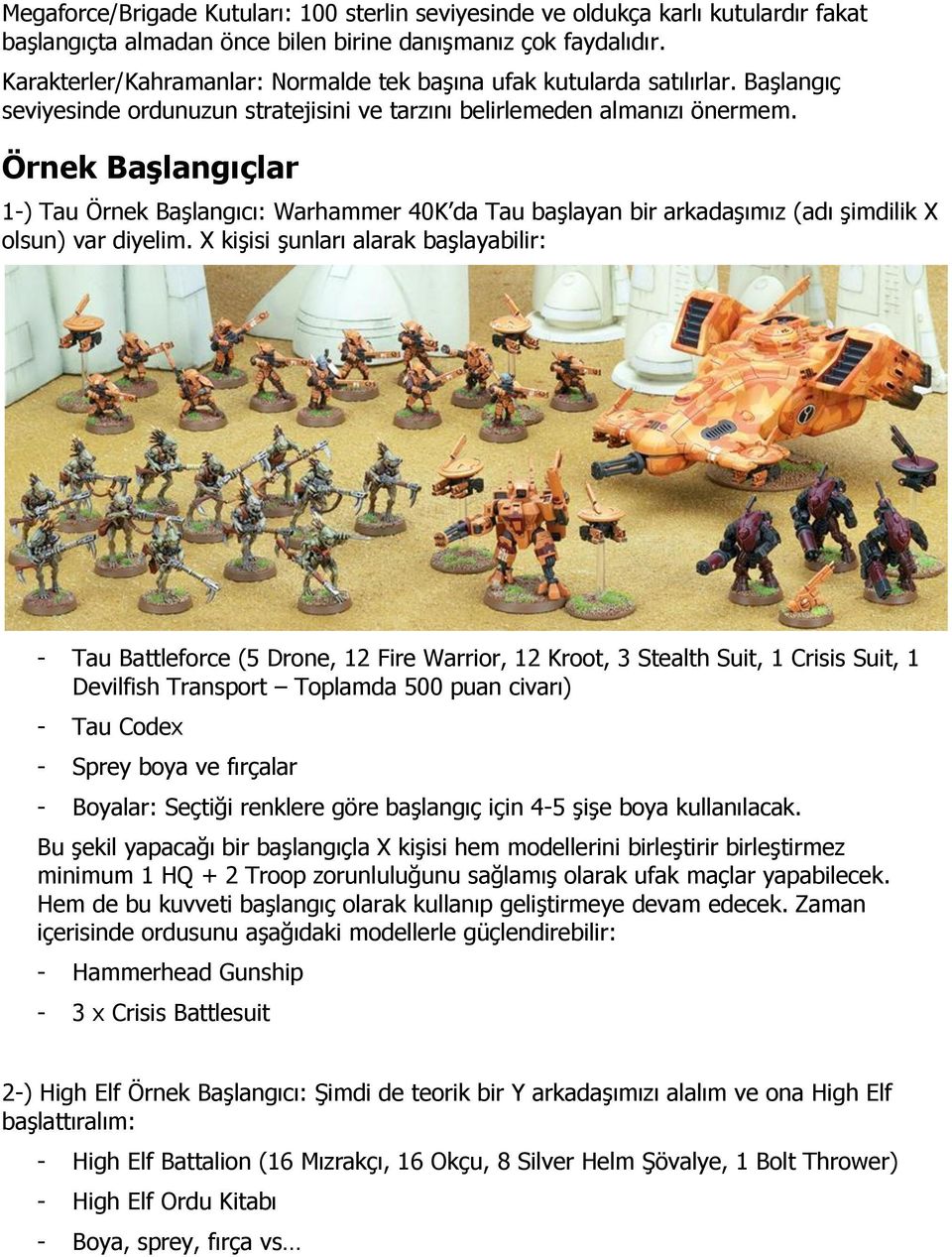 Örnek Başlangıçlar 1-) Tau Örnek Başlangıcı: Warhammer 40K da Tau başlayan bir arkadaşımız (adı şimdilik X olsun) var diyelim.