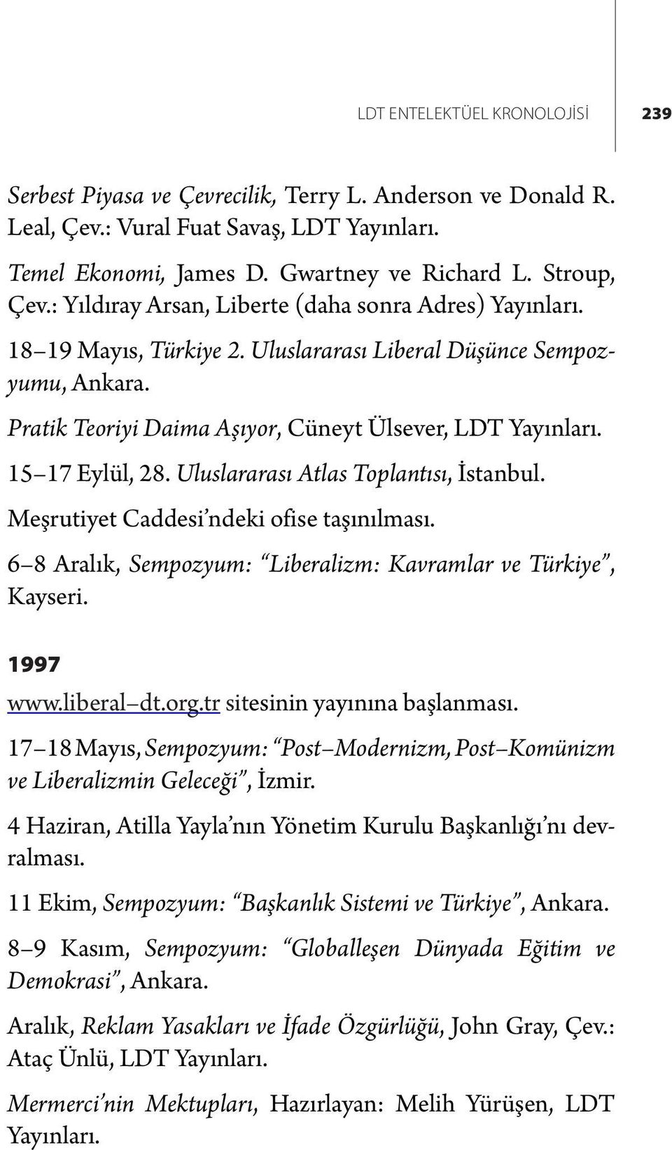 15 17 Eylül, 28. Uluslararası Atlas Toplantısı, İstanbul. Meşrutiyet Caddesi ndeki ofise taşınılması. 6 8 Aralık, Sempozyum: Liberalizm: Kavramlar ve Türkiye, Kayseri. 1997 www.liberal dt.org.