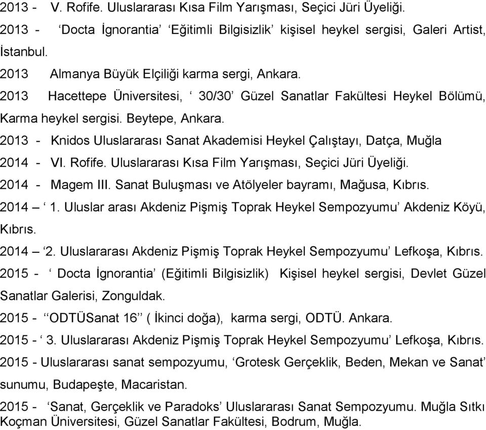 Beytepe, 2013 - Knidos Uluslararası Sanat Akademisi Heykel Çalıştayı, Datça, Muğla 2014 - VI. Rofife. Uluslararası Kısa Film Yarışması, Seçici Jüri Üyeliği. 2014 - Magem III.