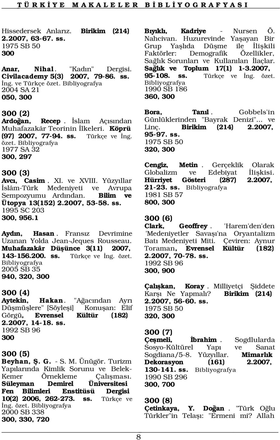 Sa l k ve Toplum 17(1) 1-3.2007, 95-108. ss. Türkçe ve ng. özet. 1990 SB 186 360, 300 300 (2) Ardo an, Recep. slam Aç s ndan Muhafazakâr Teorinin lkeleri. Köprü (97) 2007, 77-94. ss. Türkçe ve ng. özet. 1975 SB 50 1977 SA 32 320, 300 300, 297 300 (3) Avc, Casim.