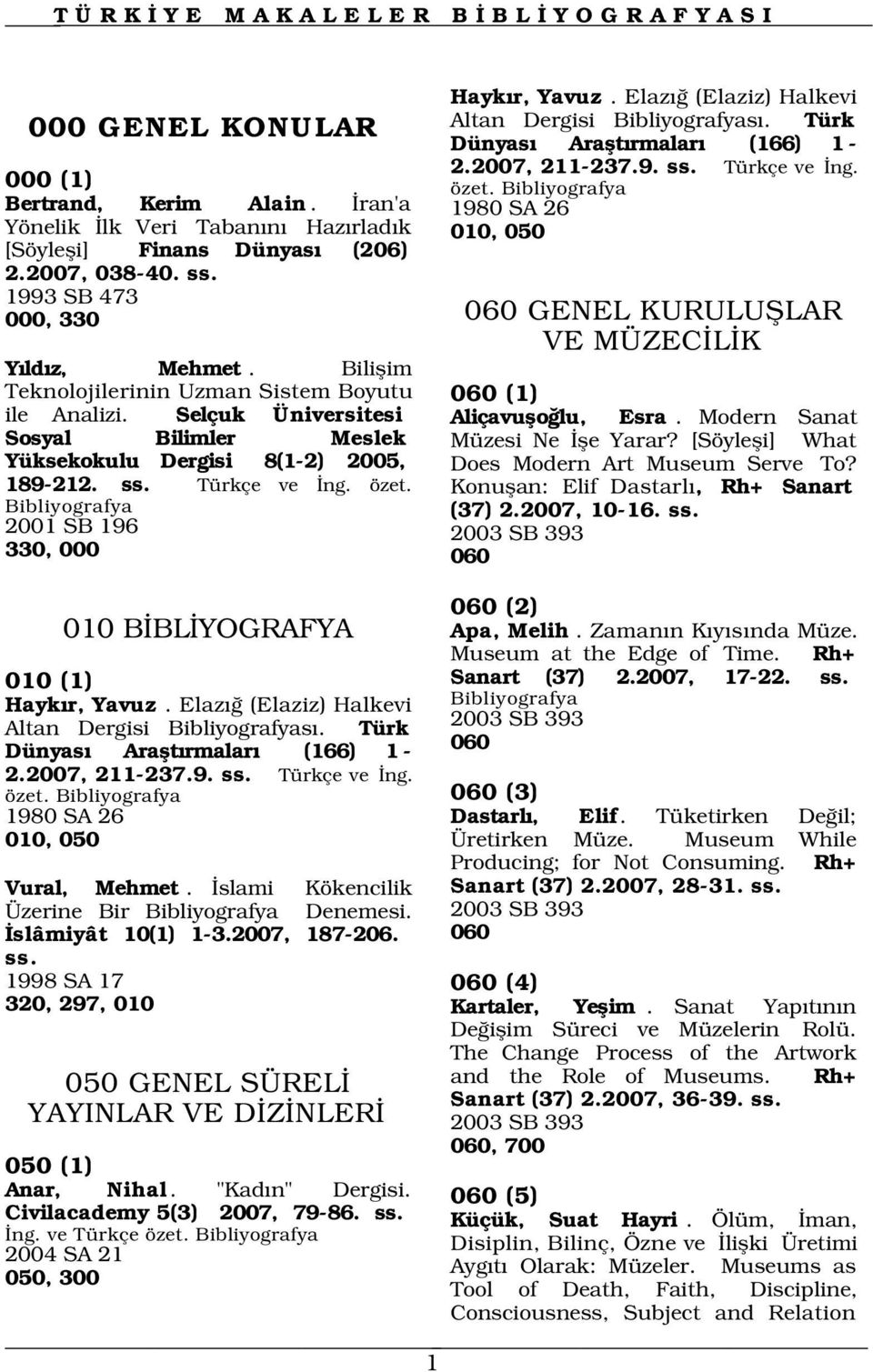 2001 SB 196 2003 SB 393 330, 000 060 Hayk r, Yavuz. Elaz (Elaziz) Halkevi Altan Dergisi s. Türk Dünyas Araflt rmalar (166) 1-2.2007, 211-237.9. ss. Türkçe ve ng. özet.