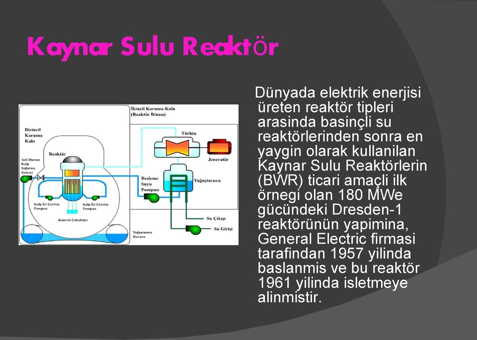 ticari amaçli ilk örnegi olan 180 MWe gücündeki Dresden-1 reaktörünün yapimina, General