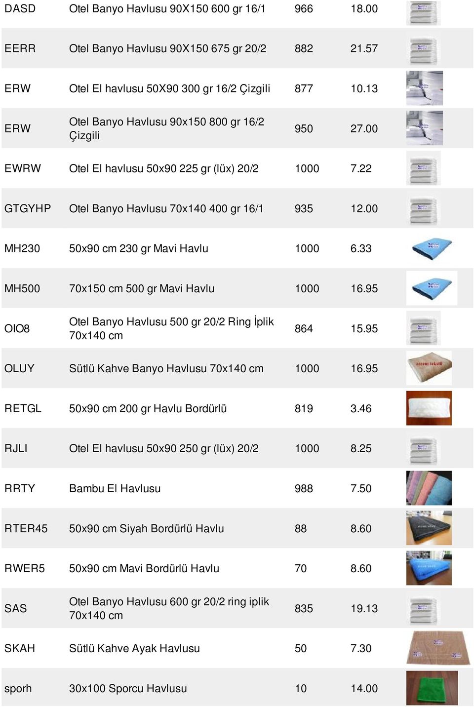 00 MH230 50x90 cm 230 gr Mavi Havlu 1000 6.33 MH500 70x150 cm 500 gr Mavi Havlu 1000 16.95 OIO8 Otel Banyo Havlusu 500 gr 20/2 Ring İplik 70x140 cm 864 15.